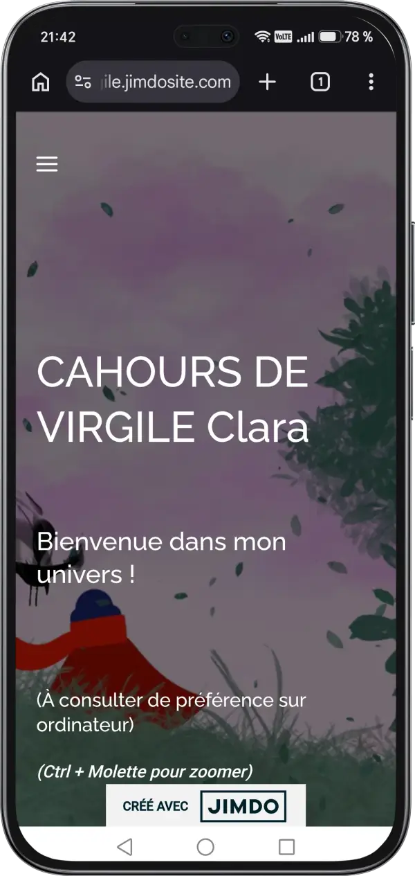 Ancien portfolio de Clara sur téléphone : sous son nom, un message demande de le consulter sur ordinateur et de zoomer avec Ctrl + molette.